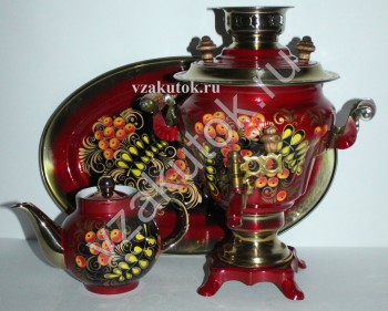 Набор Самовар электрический 2 л. с художественной росписью "Рябина", заварочный чайник, поднос - Закуток